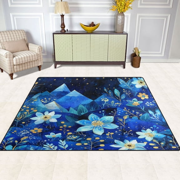 Blue Dream Flowers 63''x48'' Plush Memory Foam Bath Mat, Soft, Absorbent, Non Slip, Durable