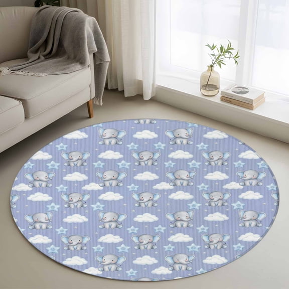 Blue Dreamy Elephant 3FT Round Area Rugs Cartoon Animal Cloud Stars Fairytale Style Soft Small Round Rug Non-Slip, Ultra-Thin Indoor Circle Carpet for Bedroom Entryway Kitchen Bathroom