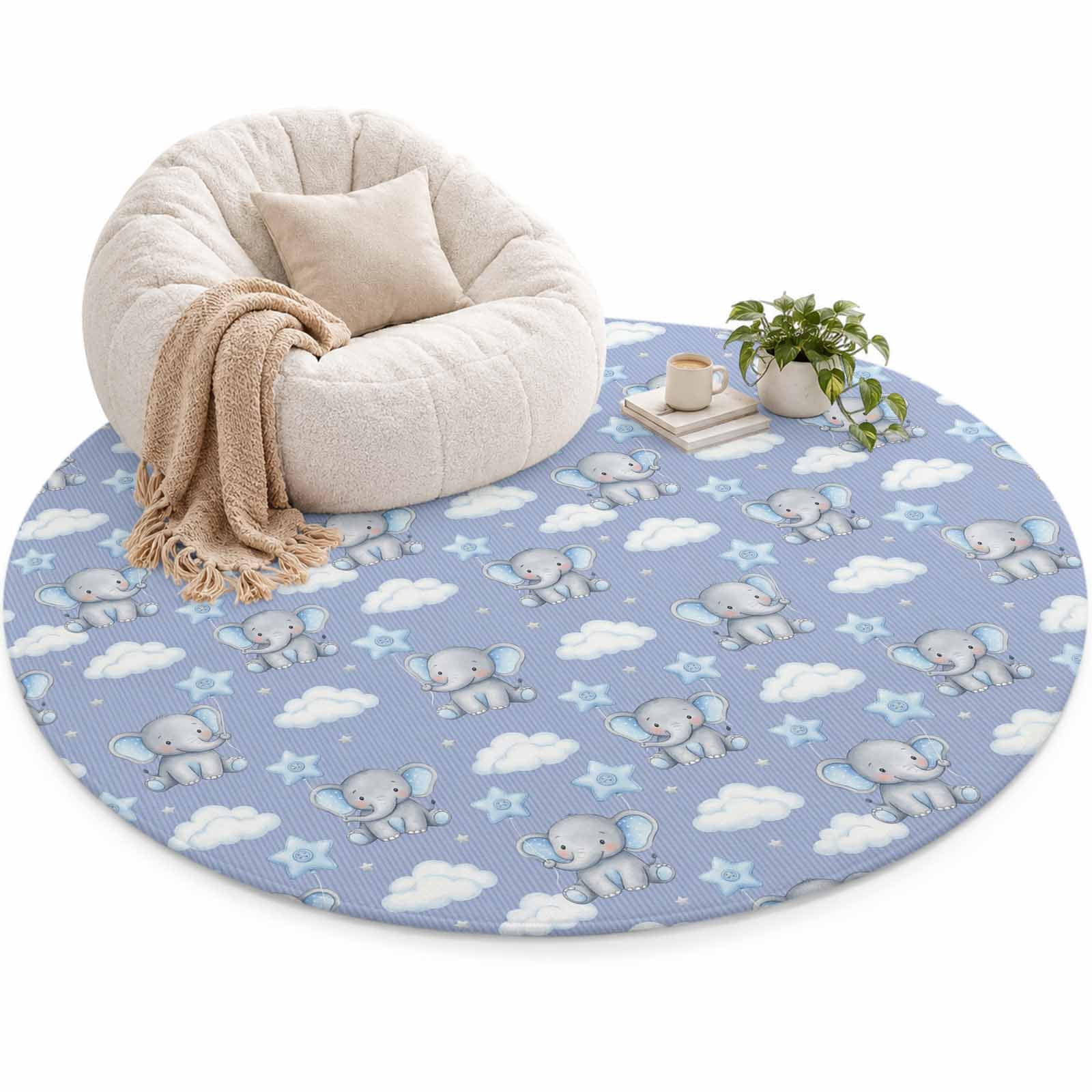 Blue Dreamy Elephant Area Rug 5', Cartoon Cloud Stars Fairytale Style ...
