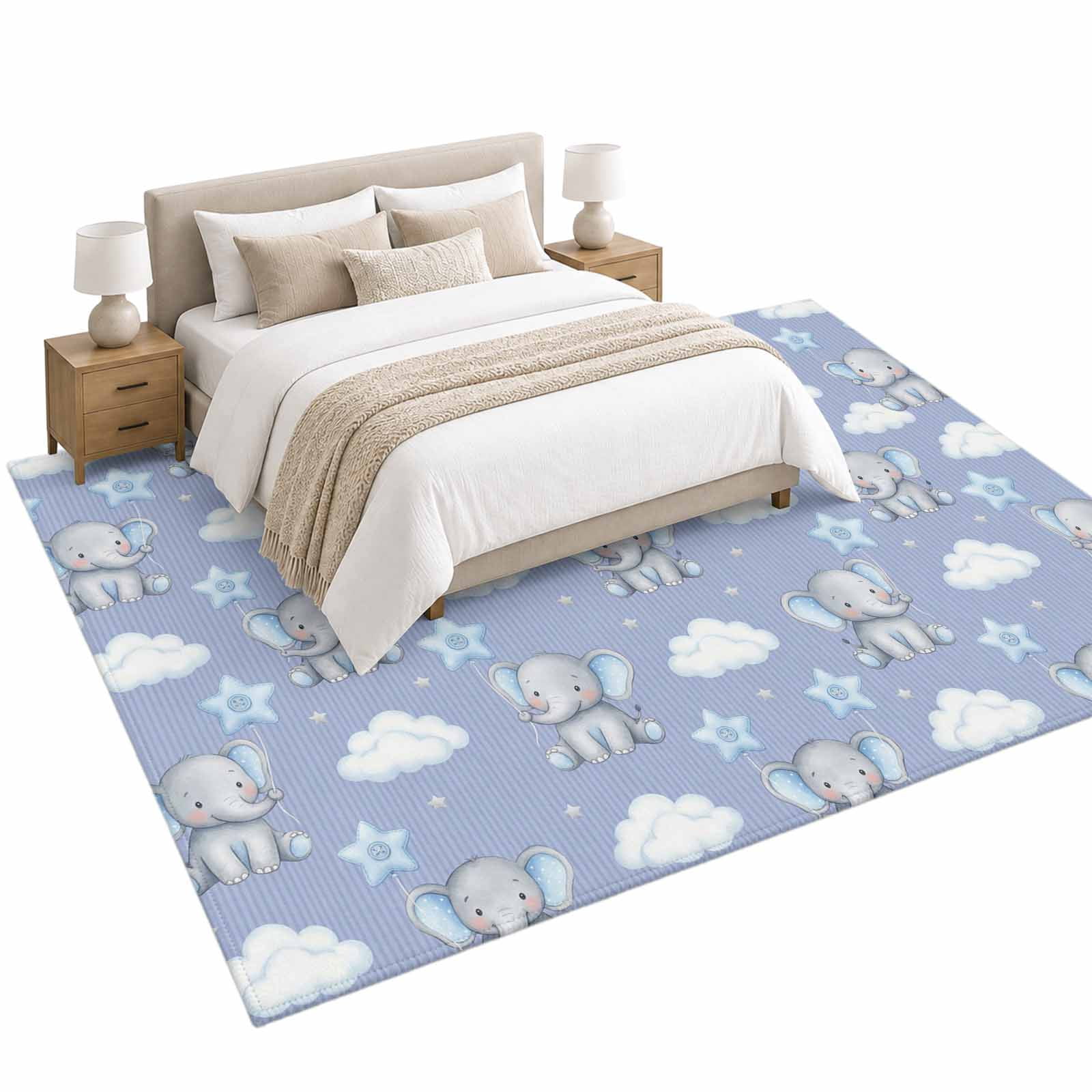 Blue Dreamy Elephant Area Rug 5'x7', Cartoon Cloud Stars Fairytale ...
