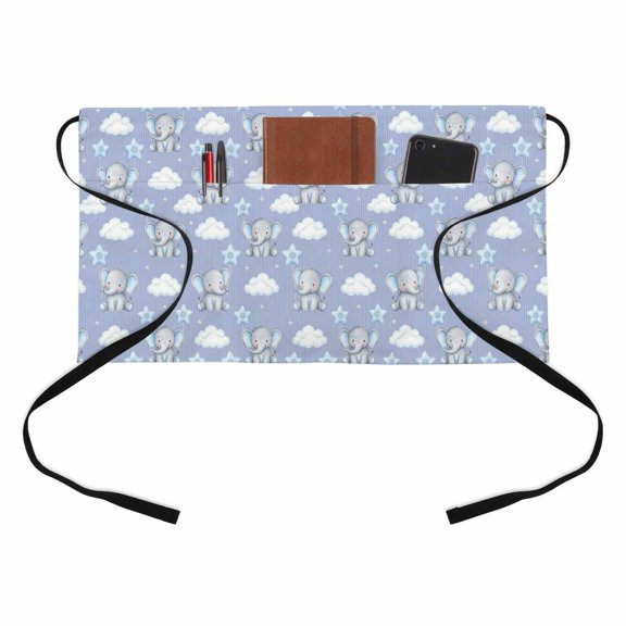 Blue Dreamy Elephant Kitchen Restaurant Half Waist Apron, Cartoon Animal Cloud Stars Fairytale Style Server Short Apron with 3 Pockets Waterproof Oil Waist Aprons for Women Waitress Waiter