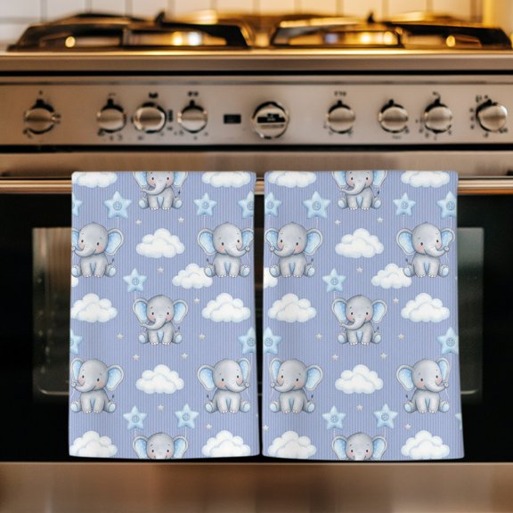 Blue Dreamy Elephant Kitchen Towels Set of 1, Cartoon Animals Cloud Stars Absorbent Dish Towels for Kitchen, Microfiber Hand Towel, Quick Drying Tea Towel for Cleaning Decorative Dishcloths