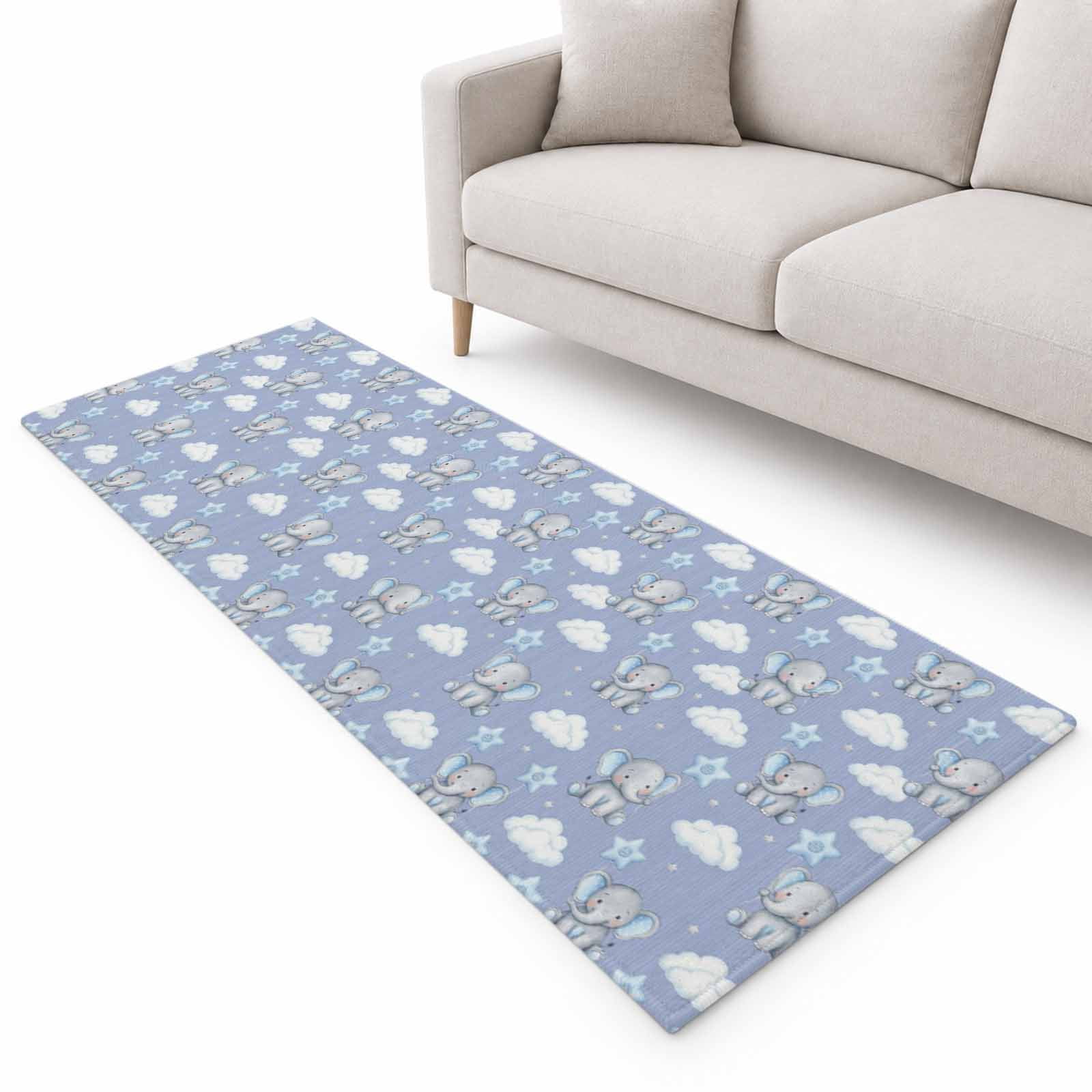 Blue Dreamy Elephant Runner Rug 2.6'x8', Cartoon Cloud Stars Fairytale ...
