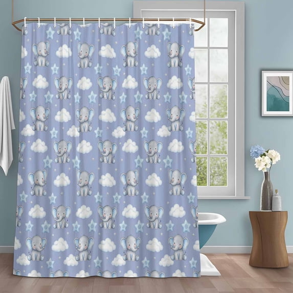 Blue Dreamy Elephant Shower Curtain with Hooks, Cartoon Animal Cloud ...