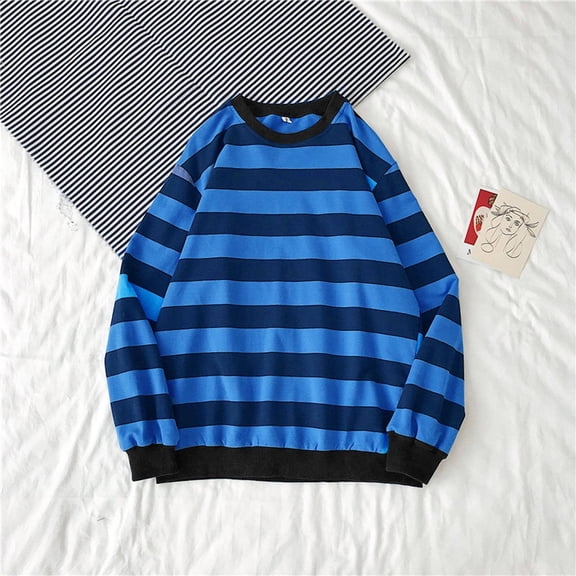 Blue Dress Shirts for Women, Polyester Androgynous Clothing, Long Sleeve Womens T-Shirts, Blouses for Women Dressy Casual, Stripe Casual Tops for Women Trendy, Stripe Summer Tops With Sleeves