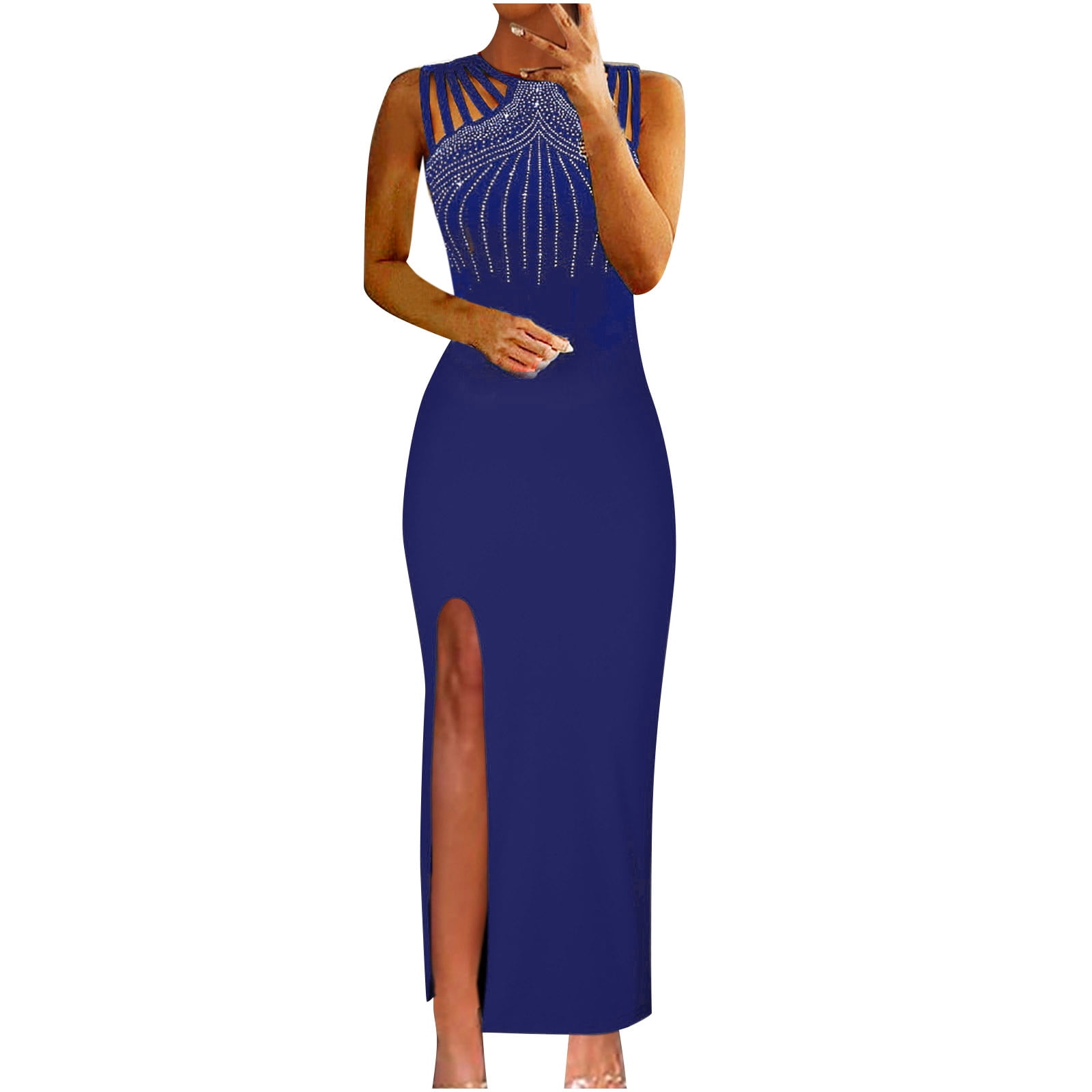GUZYING Blue Dresses for Women Solid Color Sleeveless Softy Dress Plus Size Round Neck Slim Fit Trendy Cocktail Formal Prom Dress Maxi Fashion Elegant