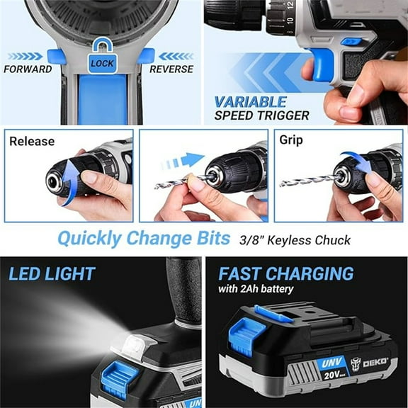 Blue Drill Tool Kit Set: 20V Cordless Power Drill Tool Box with Battery Electric Drill Driver for Men Home Hand Repair Basic Toolbox Tools Sets Drills Case