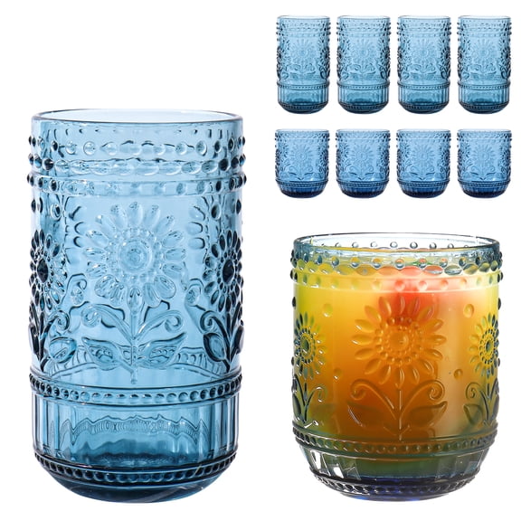 Blue Drinking Glasses Set of 12, 16 Oz Highball & 13 Oz Cocktail Glasses, Vintage Floral Embossed Glass Tumblers, Dishwasher Safe Glassware for Water, Beer, Juice, Whiskey & Coffee