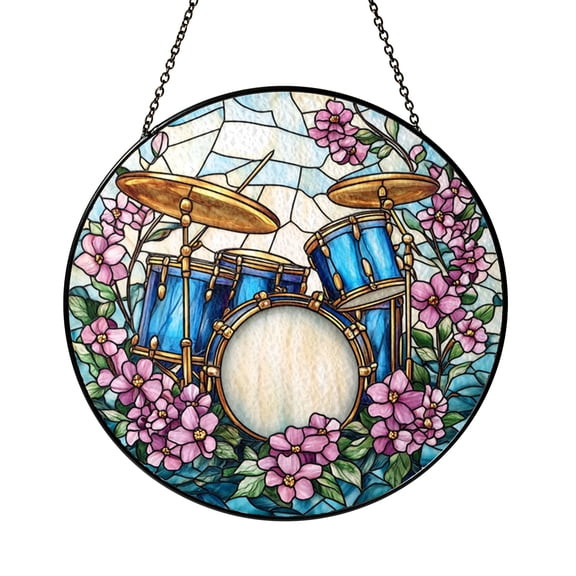 Blue Drum Set Stained Glass Suncatcher – Round Musical Window Hanging for Home Studio