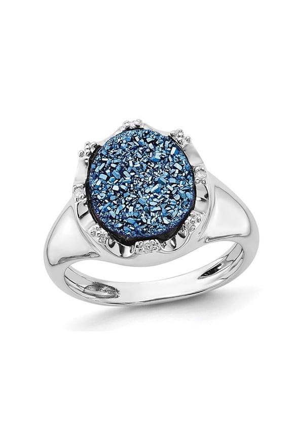 Gem & Harmony Blue Druzy Quartz Ring with Accent Diamonds in Sterling Silver for Women