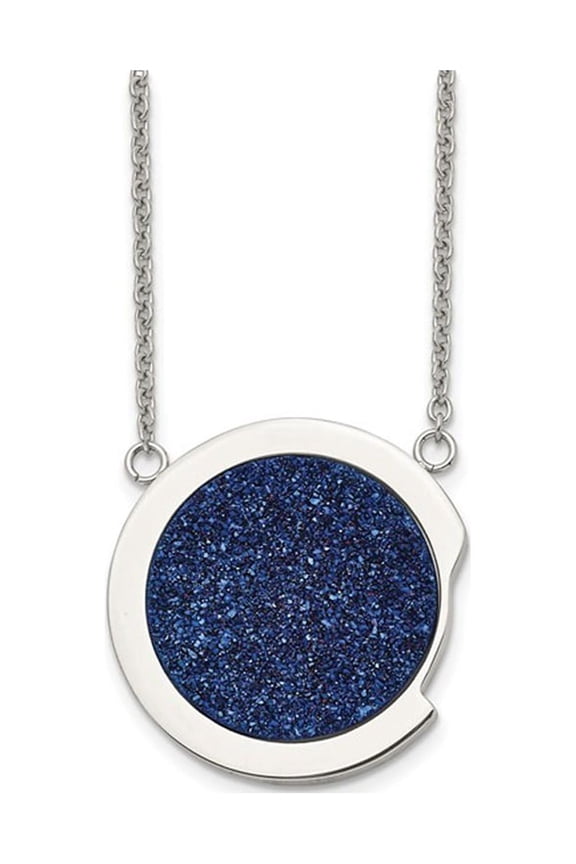 Blue Druzy Stainless Steel Circle Pendant Necklace with Chain (17.75 inches) for Women