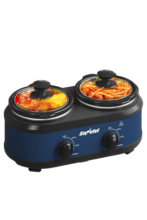 Dual Slow Cooker Buffet Server with 2 Removable Pots and 3 Temps - 2 x 1.25 Qt, Blue