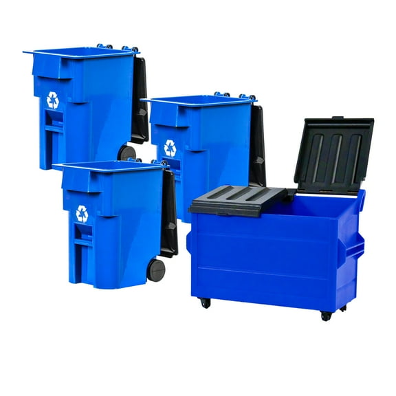 Blue Dumpster & 3 Blue Recycling Trash Cans With Lid & Wheels for WWE & AEW Wrestling Figures
