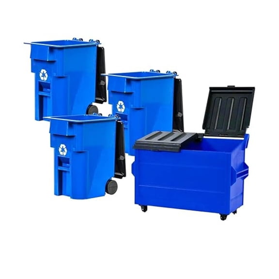 Blue Dumpster & 3 Blue Recycling Trash Cans with Lid & Wheels for Wrestling Action Figures