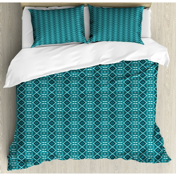 Blue Duvet Cover Set, Abstract Geometric Patterns Rounded and Triangular Shapes Symmetrcal Design, Decorative 3 Piece Bedding Set with 2 Pillow Shams, Calking Size, Teal Dark Teal White, by Ambesonne