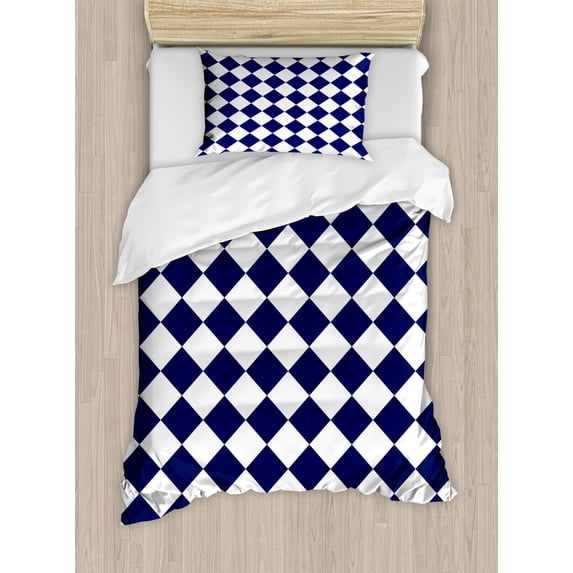 Blue Duvet Cover Set, Classical Old Fashioned Checkered Pattern Geometric Diagonal Skewed Squares, Decorative 2 Piece Bedding Set with 1 Pillow Shams, Twin Size, Navy Blue and White, by Ambesonne