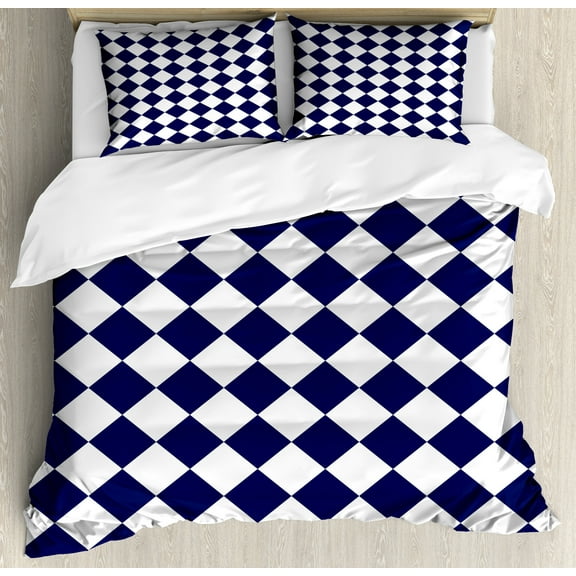Blue Duvet Cover Set, Classical Old Fashioned Checkered Pattern Geometric Diagonal Skewed Squares, Decorative 3 Piece Bedding Set with 2 Pillow Shams, Calking Size, Navy Blue and White, by Ambesonne