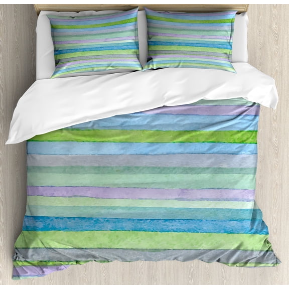 Blue Duvet Cover Set, Hand Drawn Style Watercolor Striped Pattern Soft Colors Acrylic Paint Art, Decorative 3 Piece Bedding Set with 2 Pillow Shams, Queen Size, Blue Green Violet, by Ambesonne