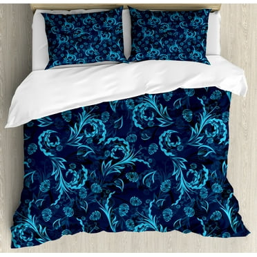 Blue Duvet Cover Set King Size, Abstract Damask Inspired Curvy Flower Figures Ornate Flourish Royal Revival Retro, Decorative 3 Piece Bedding Set with 2 Pillow Shams, Indigo Aqua, by Ambesonne