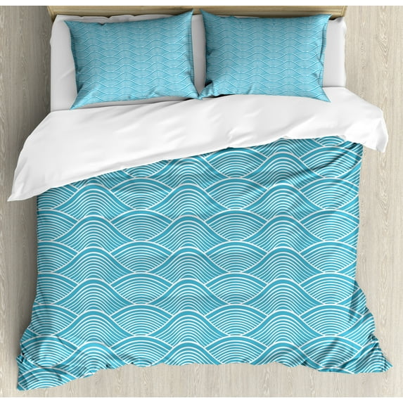 Blue Duvet Cover Set King Size, Ocean Inspired Waves Pattern with Japanese Influences Nautical Maritime Aquatic, Decorative 3 Piece Bedding Set with 2 Pillow Shams, Sky Blue White, by Ambesonne