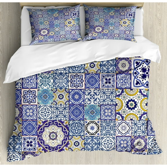 Blue Duvet Cover Set King Size, Rich Pattern of Ancient Moroccan Tiles Patchwork Style Pattern Oriental Arabesque, Decorative 3 Piece Bedding Set with 2 Pillow Shams, Multicolor, by Ambesonne