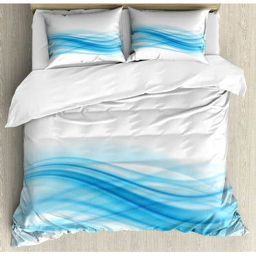 Blue Duvet Cover Set King Size, Smooth Wavy Lines Stream Flow Abstract Bend Blurred Techno Computer Drawing Image, Decorative 3 Piece Bedding Set with 2 Pillow Shams, Blue and White, by Ambesonne