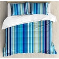 thumbnail image 1 of Blue Duvet Cover Set King Size, Vertical Stripes Repeating Retro Revival Pattern Funky Abstract Composition, Decorative 3 Piece Bedding Set with 2 Pillow Shams, Mustard Blue White, by Ambesonne, 1 of 3