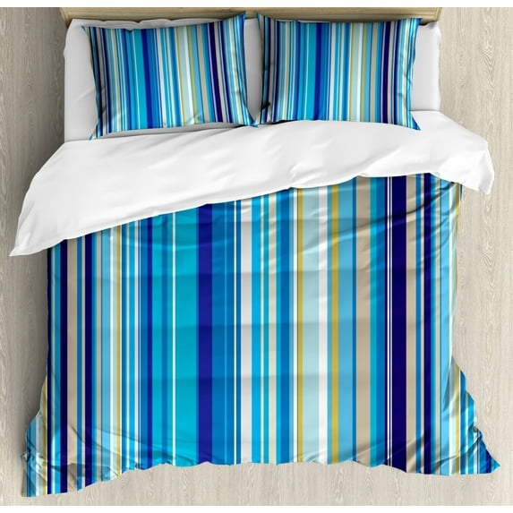 Blue Duvet Cover Set King Size, Vertical Stripes Repeating Retro Revival Pattern Funky Abstract Composition, Decorative 3 Piece Bedding Set with 2 Pillow Shams, Mustard Blue White, by Ambesonne