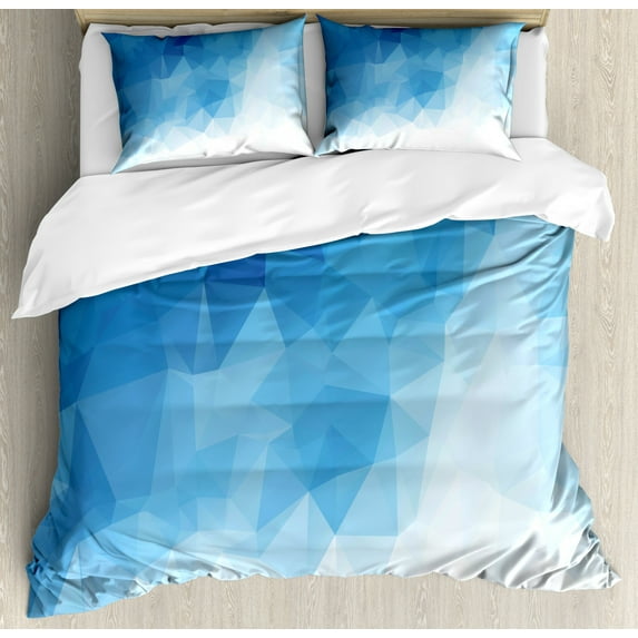 Blue Duvet Cover Set Queen Size, Abstract Polygonal Blue Ombre Effect Geometrical Futuristic Crystal Looking Art, Decorative 3 Piece Bedding Set with 2 Pillow Shams, Baby Blue Blue, by Ambesonne