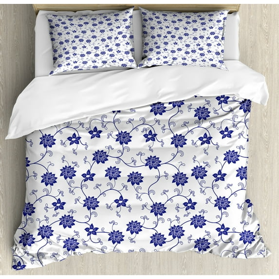 Blue Duvet Cover Set Queen Size, Hand Drawn Style Chinese Pattern with Flowers Nature Inspired Artistic Vintage, Decorative 3 Piece Bedding Set with 2 Pillow Shams, Violet Blue White, by Ambesonne