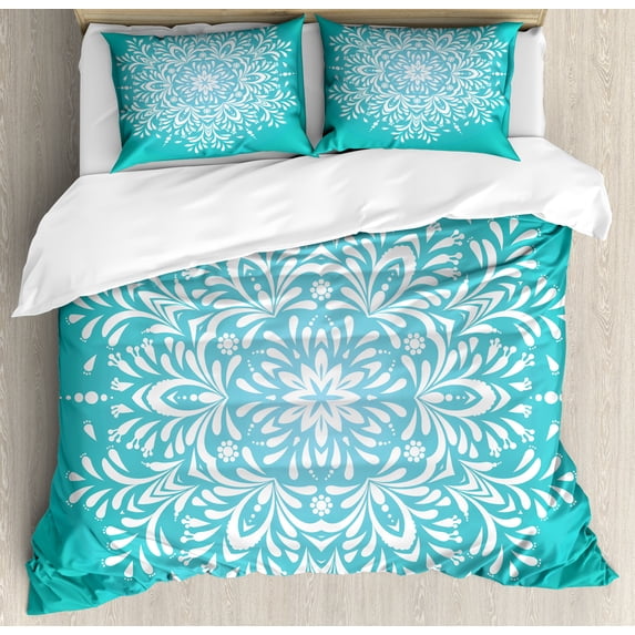 Blue Duvet Cover Set, Snowflake Like Eastern Floral Leaves Mandala Image Winter Themed Art Print, Decorative 3 Piece Bedding Set with 2 Pillow Shams, Queen Size, Sky Blue and White, by Ambesonne