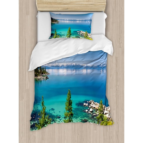 Blue Duvet Cover Set, Tranquil View of Lake Tahoe Sierra Pines on Rocks with Turquoise Waters Shoreline, Decorative 2 Piece Bedding Set with 1 Pillow Shams, Twin Size, Blue Grey Green, by Ambesonne