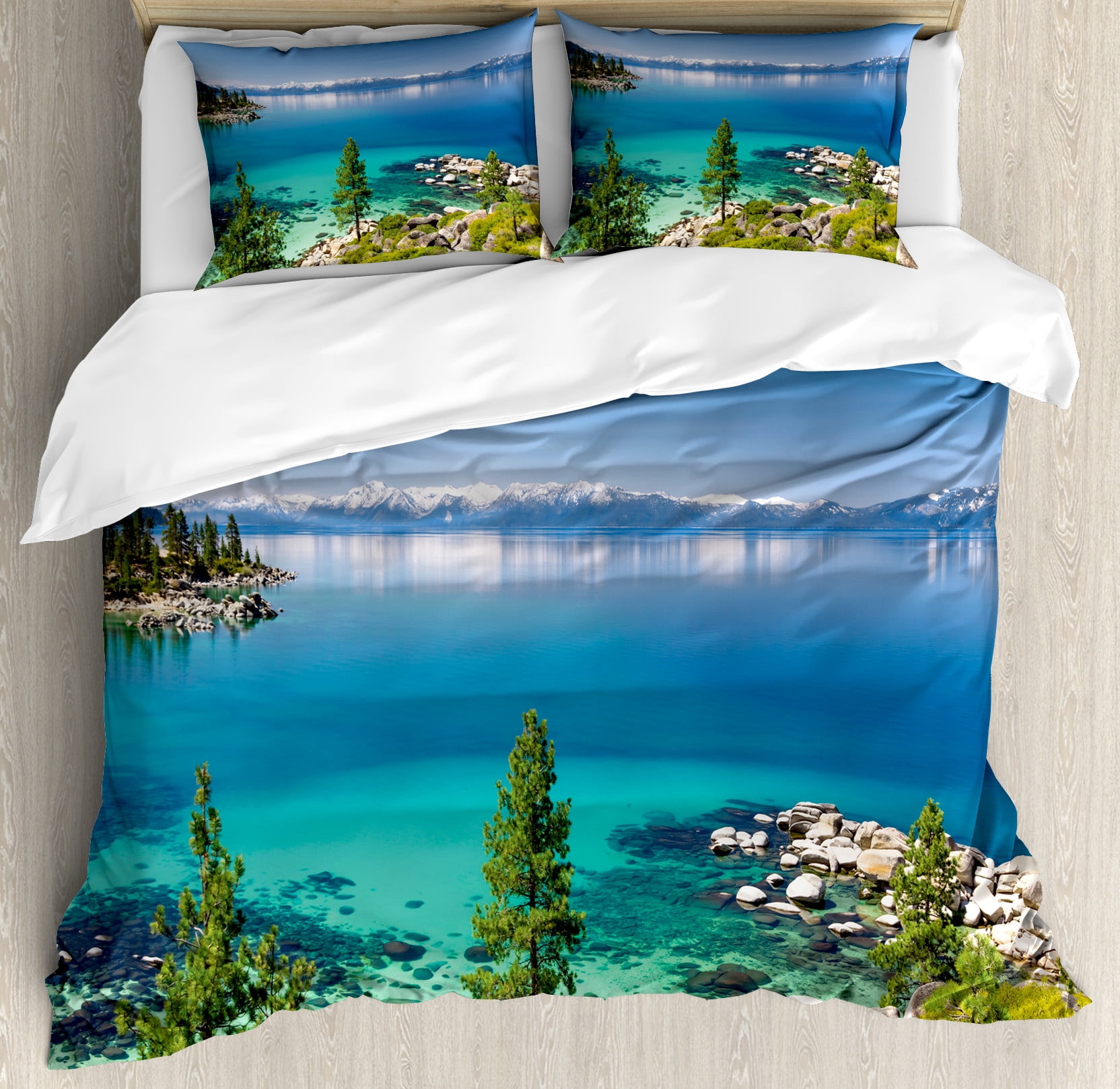 Queen Blue Green Microfiber Lake Tahoe Duvet Cover Set