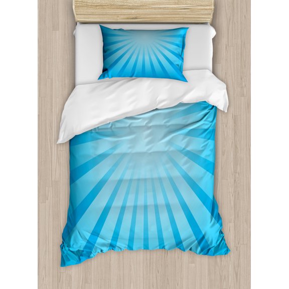 Blue Duvet Cover Set Twin Size, Abstract Blue Tone Sun Ray Style Retro Radiate Modern Art Future Illustration, Decorative 2 Piece Bedding Set with 1 Pillow Sham, Blue and Pale Blue, by Ambesonne