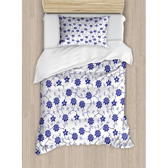 Blue Duvet Cover Set Twin Size, Hand Drawn Style Chinese Pattern with Flowers Nature Inspired Artistic Vintage, Decorative 2 Piece Bedding Set with 1 Pillow Sham, Violet Blue White, by Ambesonne