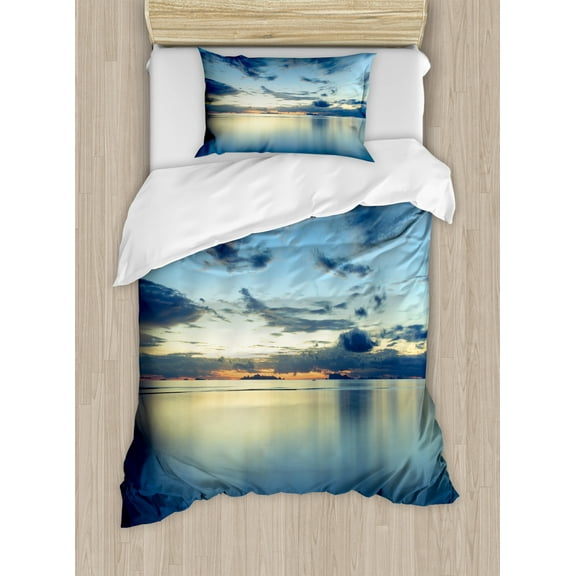 Blue Duvet Cover Set Twin Size, Photo of Dramatic Dusk Sunset Scenery over Calm Peaceful Tropic Azure Water Lagoon Ocean, Decorative 2 Piece Bedding Set with 1 Pillow Sham, Blue, by Ambesonne