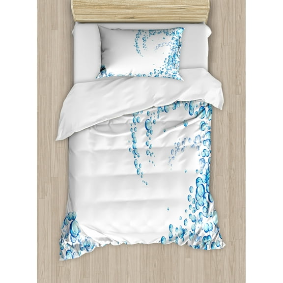 Blue Duvet Cover Set Twin Size, Water Droplets Bubbles of Air Aquatic Fresh Simple Pattern Splashes Waves Ocean, Decorative 2 Piece Bedding Set with 1 Pillow Sham, Blue Aqua White, by Ambesonne