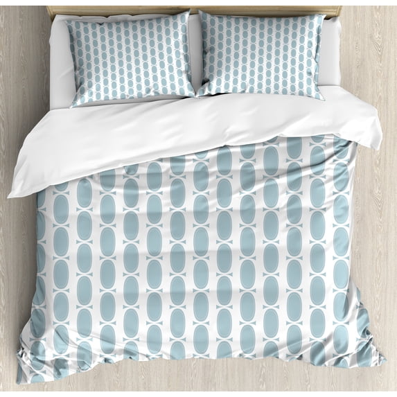 Blue Duvet Cover Set, Vintage 60s Living Room Inspired Round Circled Chain Like Shapes Art Print, Decorative 3 Piece Bedding Set with 2 Pillow Shams, Queen Size, Pale Blue White, by Ambesonne