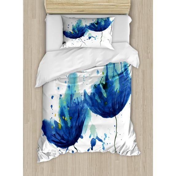 Blue Duvet Cover Set, Watercolor Style Effect Floral Design Abstract Art Cornflower Illustration, Decorative 2 Piece Bedding Set with 1 Pillow Shams, Twin Size, Pale Blue and Blue, by Ambesonne
