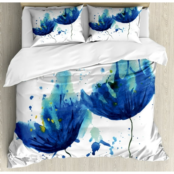 Blue Duvet Cover Set, Watercolor Style Effect Floral Design Abstract Art Cornflower Illustration, Decorative 3 Piece Bedding Set with 2 Pillow Shams, Calking Size, Pale Blue and Blue, by Ambesonne