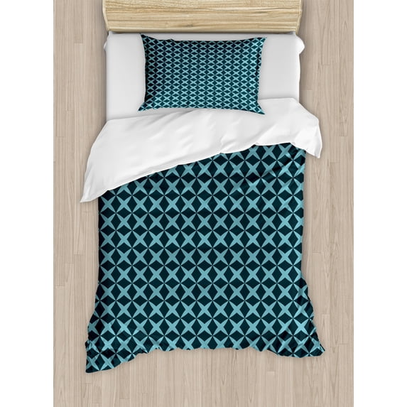 Blue Duvet Cover Set, Wire Inspired Floral Like Image Thick Crossed Horizontal Lines Image, Decorative 2 Piece Bedding Set with 1 Pillow Shams, Twin Size, Slate Blue and Pale Blue, by Ambesonne