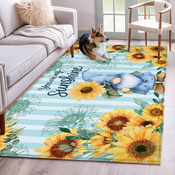 Blue Dwarfs Area Rugs 4x6 ft You Are My Sunshine Sunflower Spring Plant Blue Striped Washable Rug Non Slip Indoor Carpet Absorbent Floor Mat for Living Room Bedroom Dining Room
