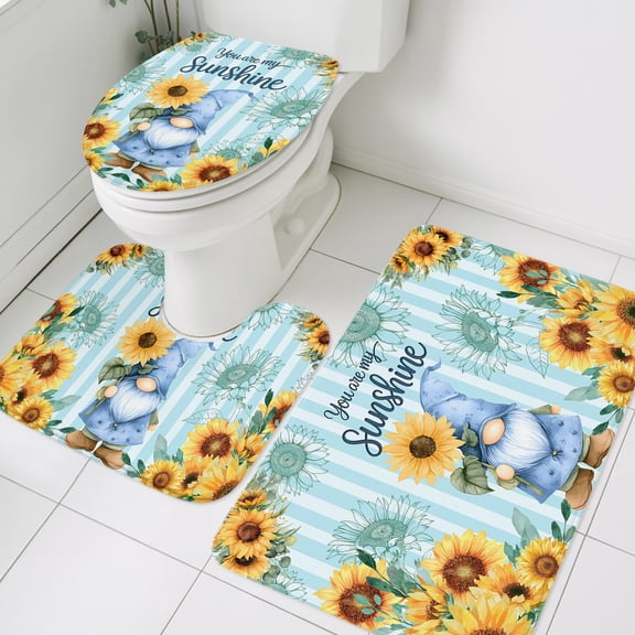Blue Dwarfs Bathroom Rugs Set You Are My Sunshine Sunflower Spring Plant Blue Striped Non Slip Absorbent Soft Bath Mats 3 Piece Set with Bathroom Rug, U-Shaped Floor Mat, Toilet Seat Cover Large Size