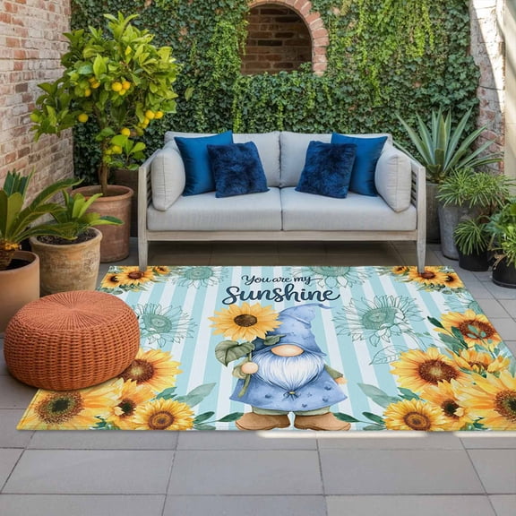 Blue Dwarfs Indoor Outdoor Rugs 4x6 Ft, You Are My Sunshine Sunflower Spring Plant Blue Striped Outdoor Patio Rugs Mat Washable Outside Area Rugs Carpet for Porch Deck RV Camping Balcony Backyard