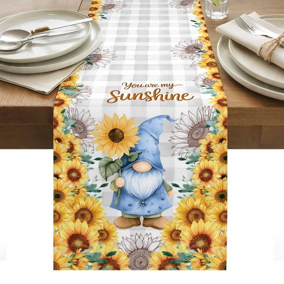 Blue Dwarfs Table Runner, You Are My Sunshine Sunflower Spring Plant Gray Plaid Cotton Linen Table Cloth, Tablerunner for Kitchen Dining Party Wedding Home Decor 13x36 Inch