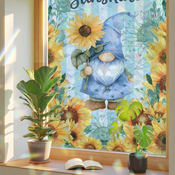Blue Dwarfs Window Privacy Film, You Are My Sunshine Sunflower Spring Plant Blue Striped Stained Glass Rainbow Film Decorative Window Clings, Static Cling Sun Blocking Stickers 23.6" x 59"