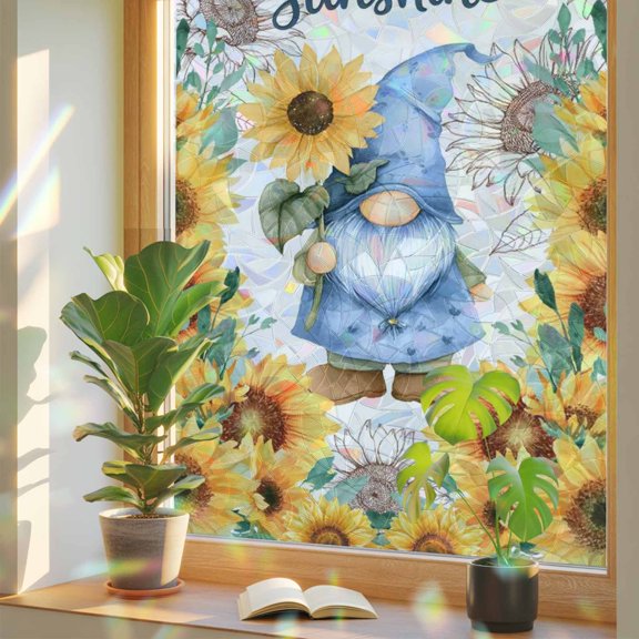 Blue Dwarfs Window Privacy Film, You Are My Sunshine Sunflower Spring Plant Stained Glass Rainbow Film Decorative Window Clings, Static Cling Sun Blocking Stickers 17.7" x 39.3"