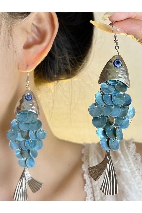 Blue Earrings With Iridescent Shell Scales And Silvertone Metal
