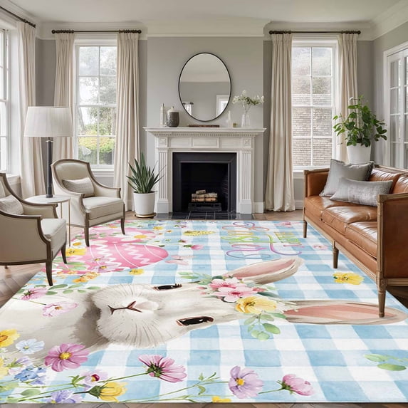 Blue Easter Area Rug 8x10 Washable Rug Non Slip Spring Easter Bunny Eggs Floral Buffalo Plaid Large Area Rug Soft Stainresistant Indoor Floor Carpet for Living Room Bedroom Home Office Dining Room