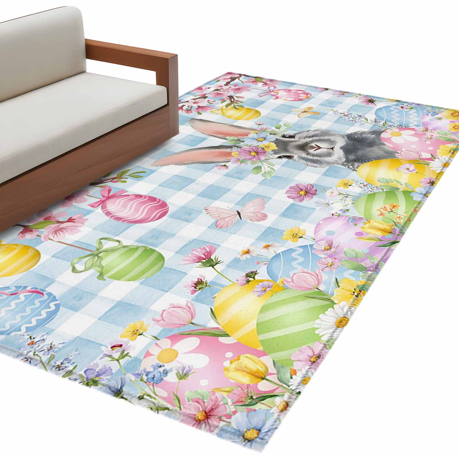 Easter Colors Rag Rug Blue Easter Area Rugs Collection 2.7'x5', Spring Watercolor Bunny Eggs ...